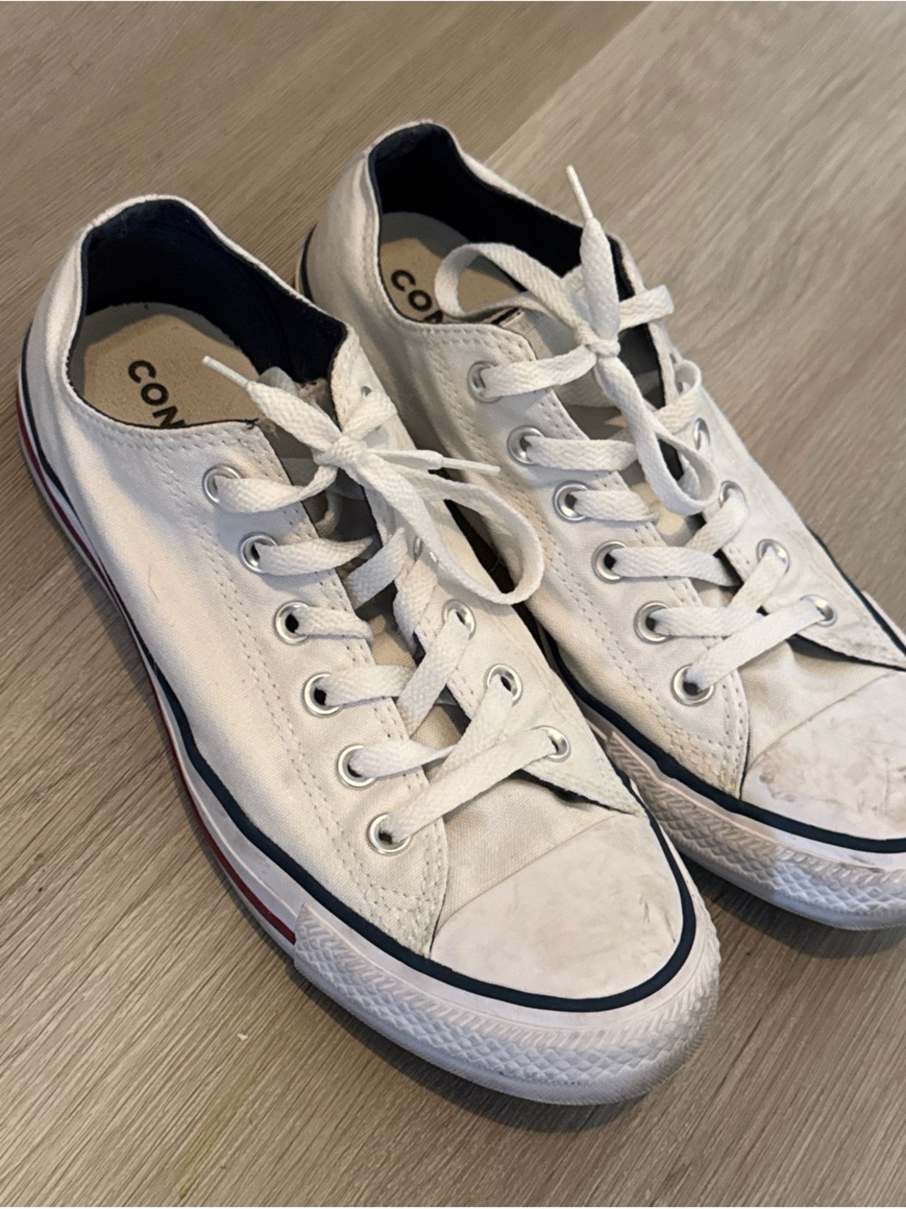 Converse White Low Top Canvas Sneakers with Navy & Red Trim